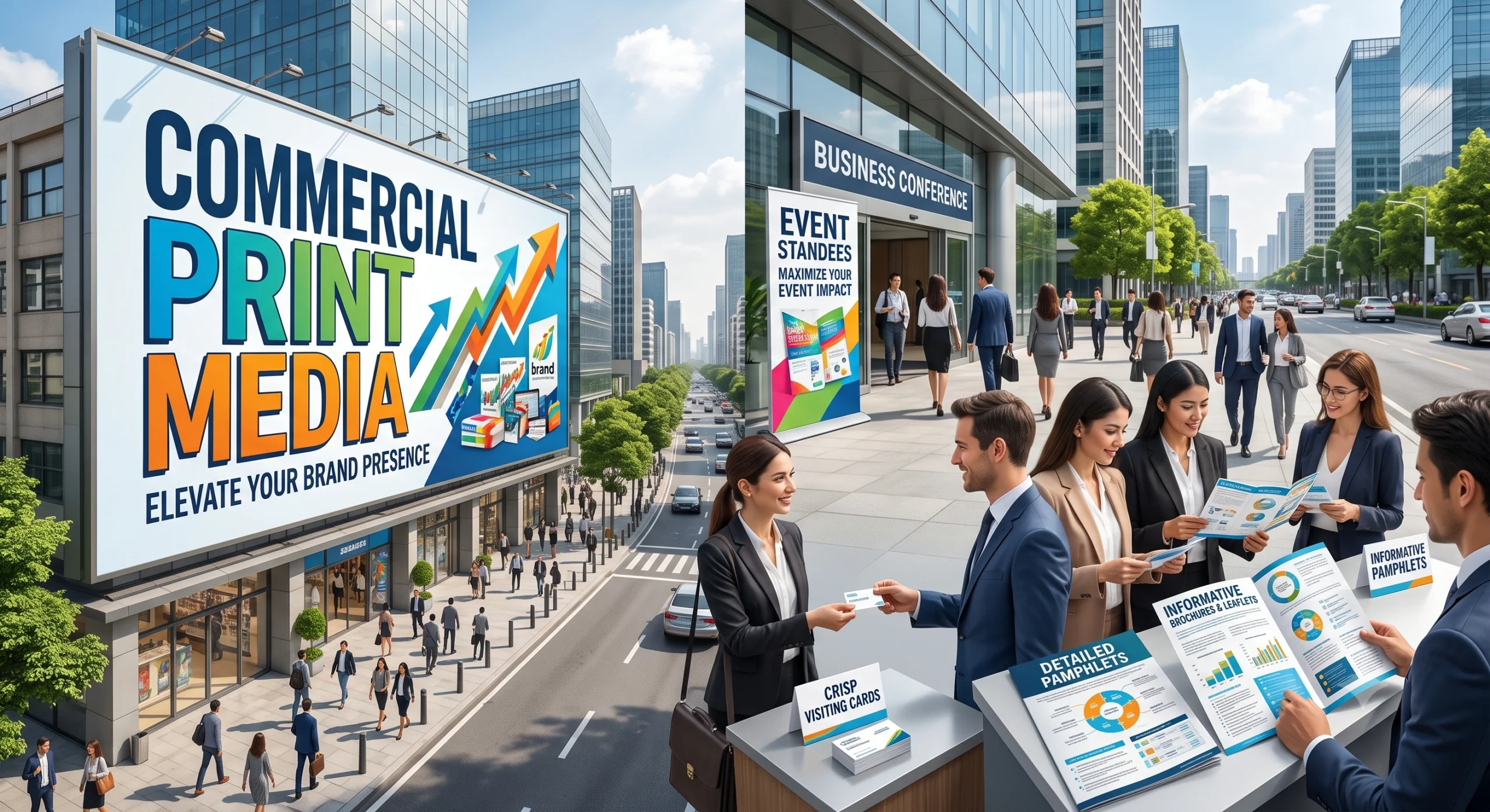 High-impact outdoor hoardings, crisp visiting cards, detailed pamphlets, and event standees designed to elevate your brand presence.