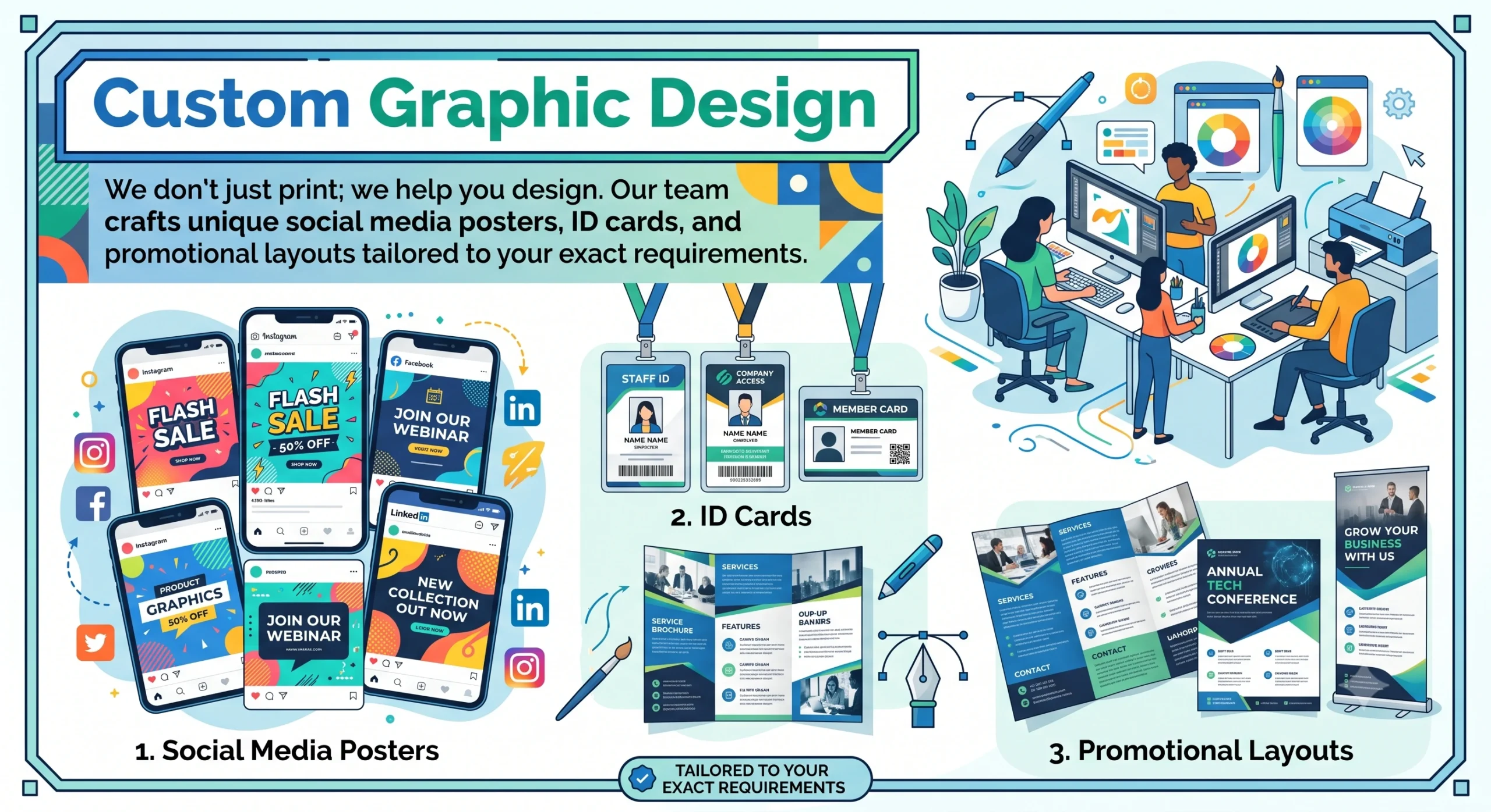 We don't just print; we help you design. Our team crafts unique social media posters, ID cards, and promotional layouts tailored to your exact requirements.