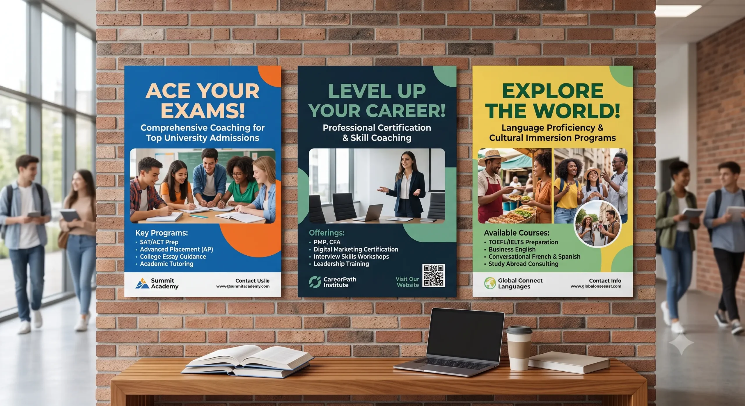 Eye-catching promotional posters and banners tailored for coaching classes, schools, and training institutes to effectively communicate course details and announcements.