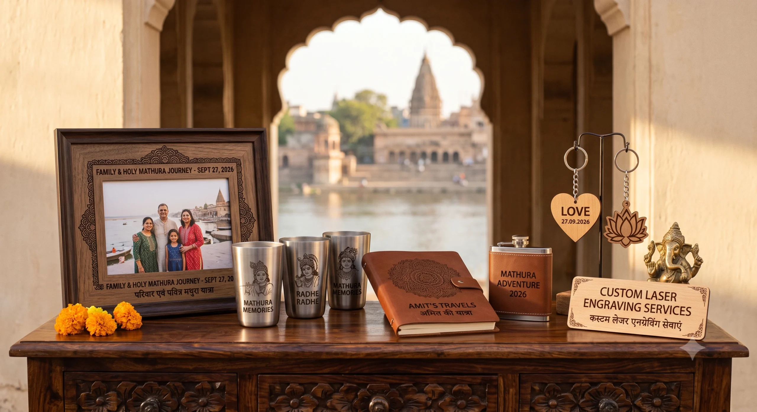 Premium laser engraving on wood, acrylic, and metal for customized keychains, personalized diaries, and corporate desk accessories.