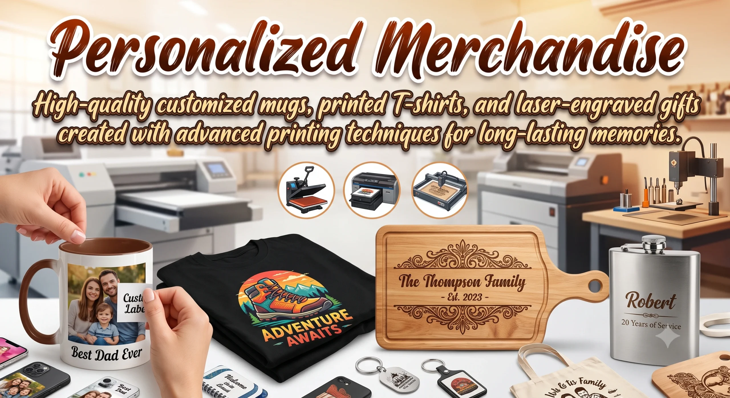 High-quality customized mugs, printed T-shirts, and laser-engraved gifts created with advanced printing techniques for long-lasting memories.