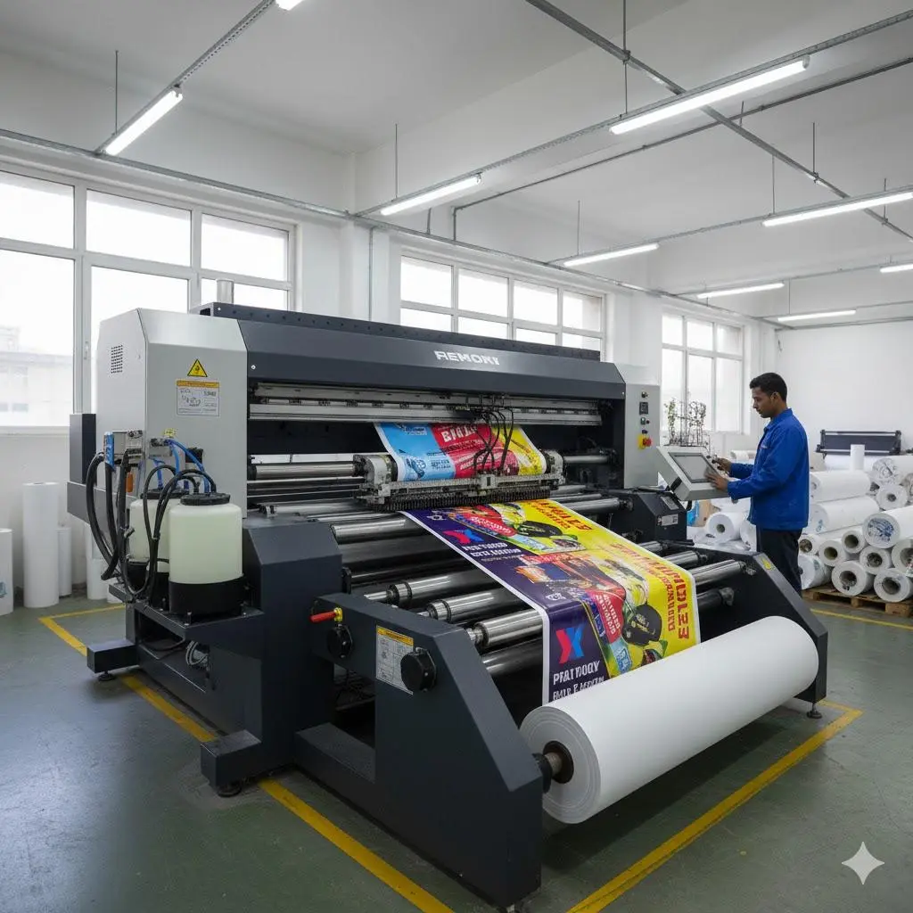 Flex printing machine, banners aur printing workspace.