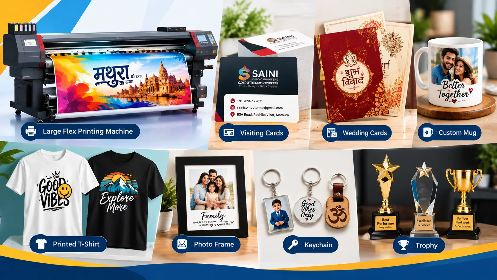 Printing and customized gifts in Mathura including flex printing machine, visiting cards, wedding cards, custom mugs, printed T-shirts, photo frames, keychains and trophies