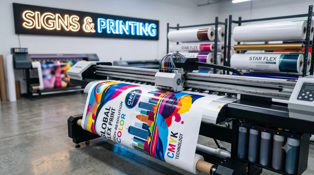 Banner printing for local businesses, shop hoarding design, Star flex vs normal flex, outdoor advertising banners, best printing shop near me.